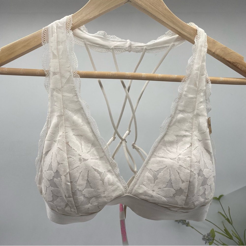 PINK Victoria's Secret Bralette White Lace Triangle Plunge Strappy Unlined Large